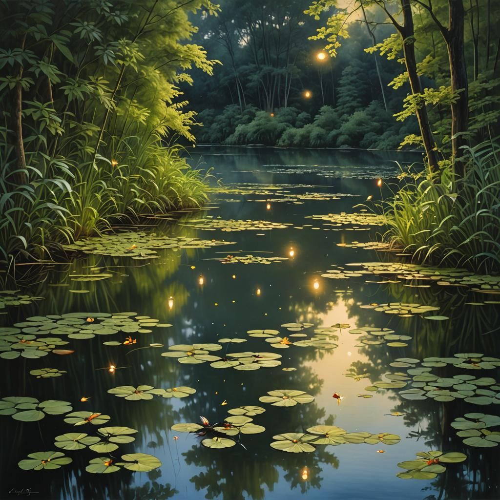 Hyperrealistic Evening Pond Reflects Fireflies