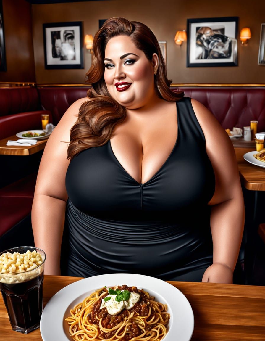 Ultrarealistic Plus Size Woman in Restaurant, Hyperdetailed....