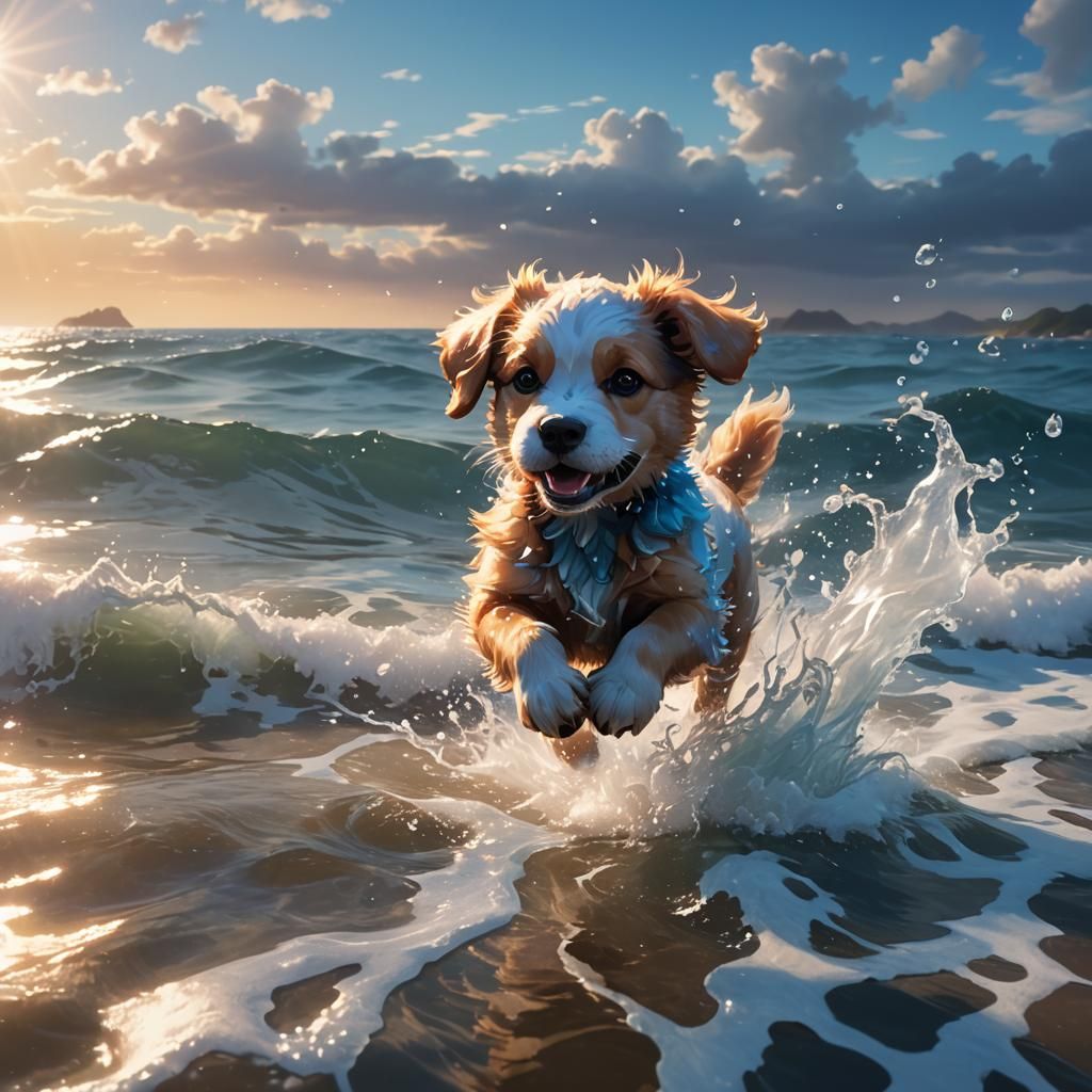 Mystical Dog Puppy Running on Ocean in Anime Style