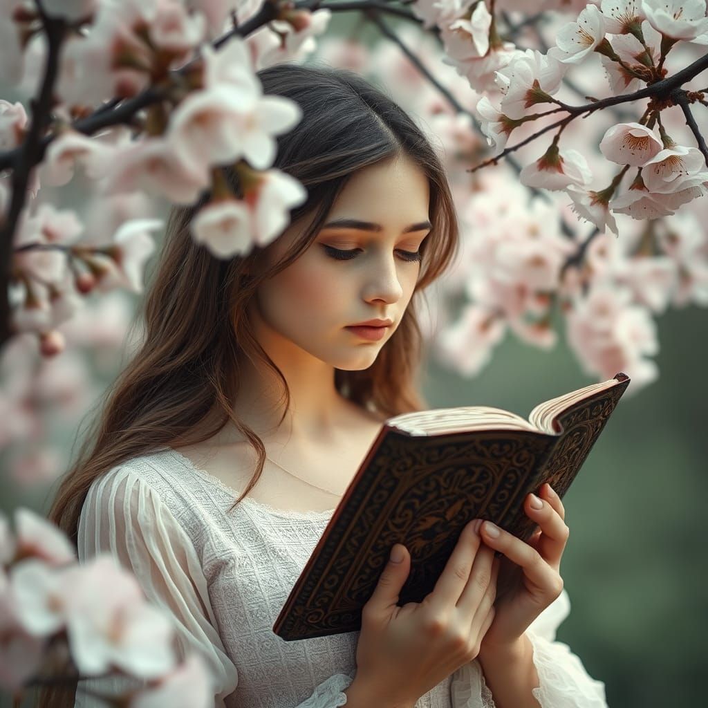 Ethereal Woman with Book in Blossoming Garden