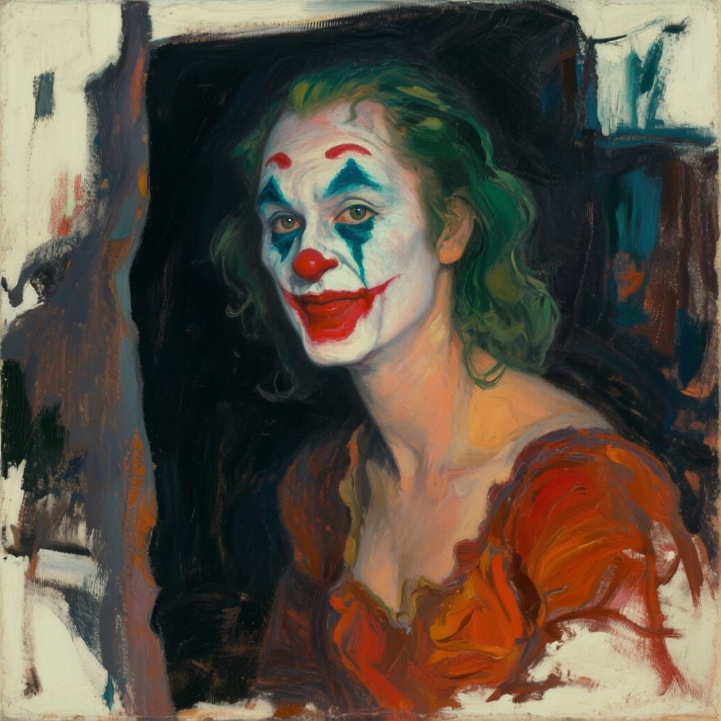 Clown Woman Emerging from Shadows as Oil Painting
