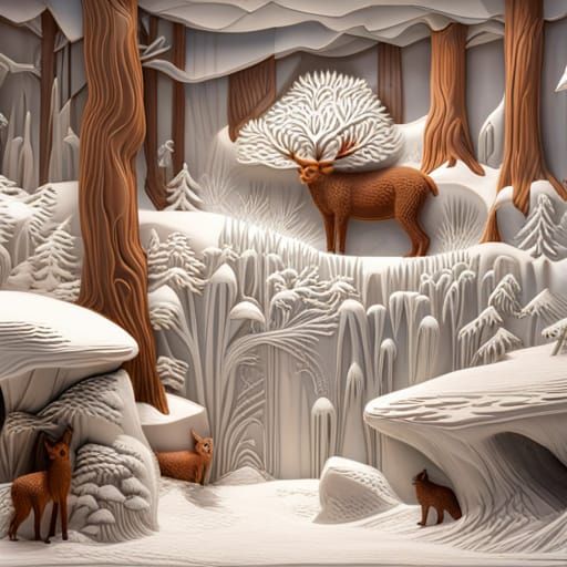 Icy Pine Forest Relief with Woodland Animals