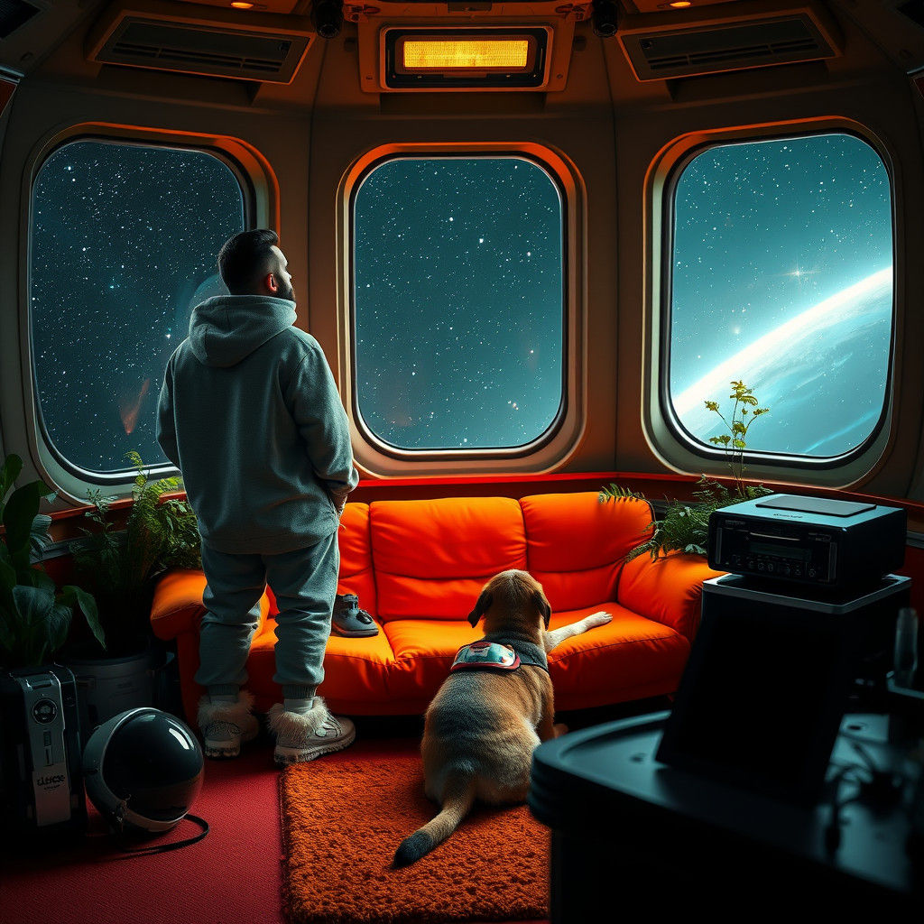 Pilot Gazing at Starry Space in Cozy Spaceship