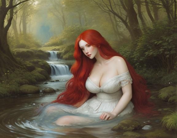 Woman Bathing in Stream, Pre-Raphaelite Style