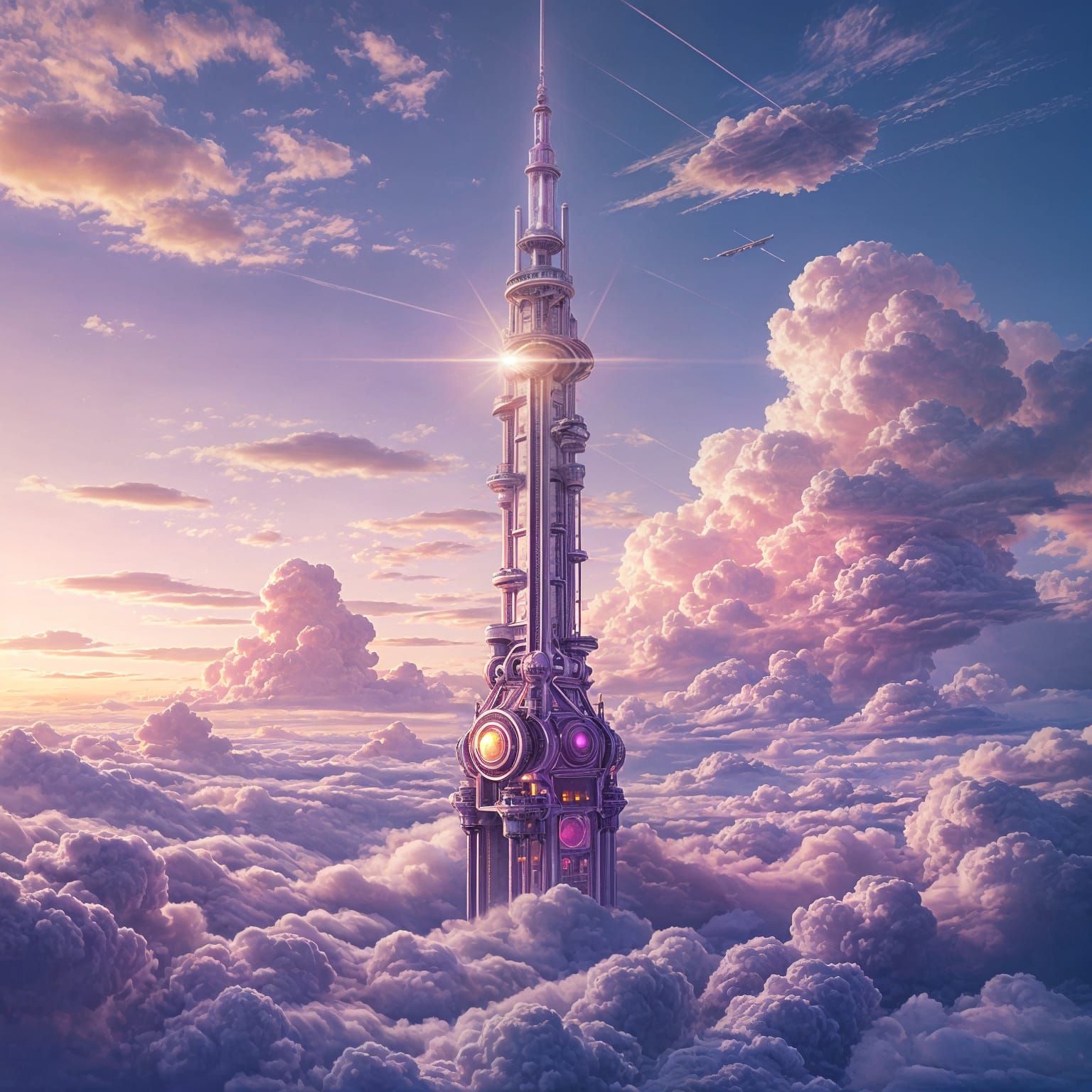 Steampunk Space Elevator Ascends Amidst Vibrant Clouds