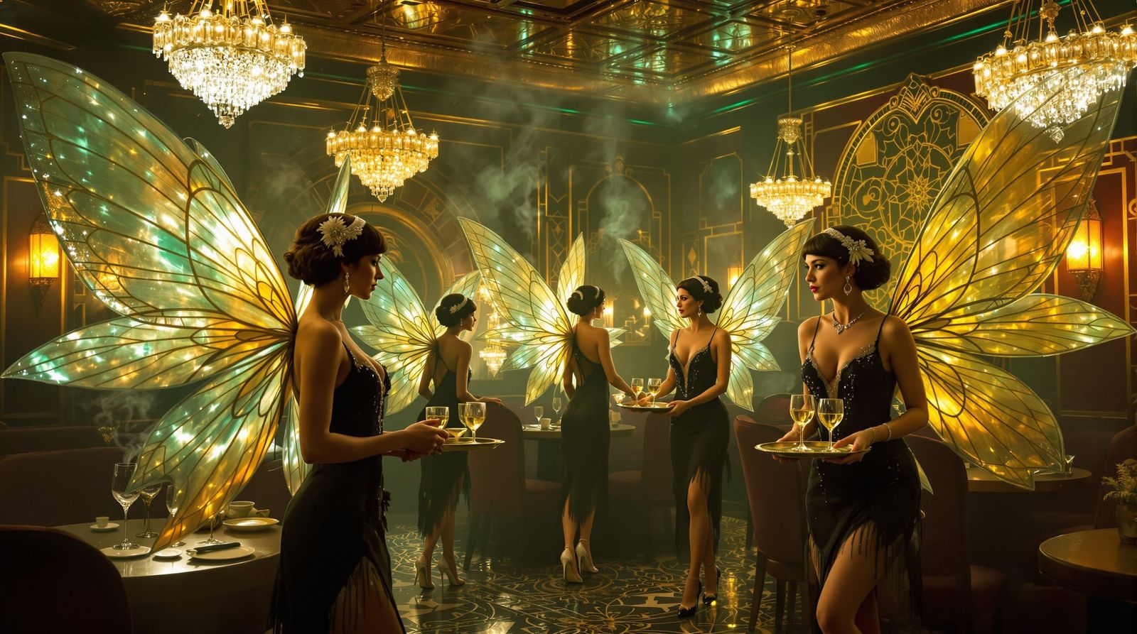 1920s Speakeasy with Winged Fairies in Art Deco Style