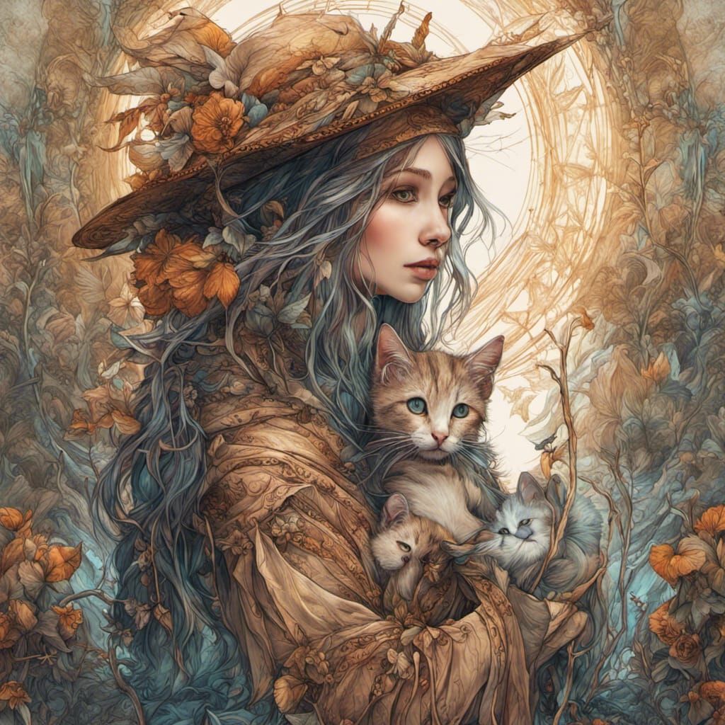 Enchanting Witch and Kitten Familiar in Digital Art