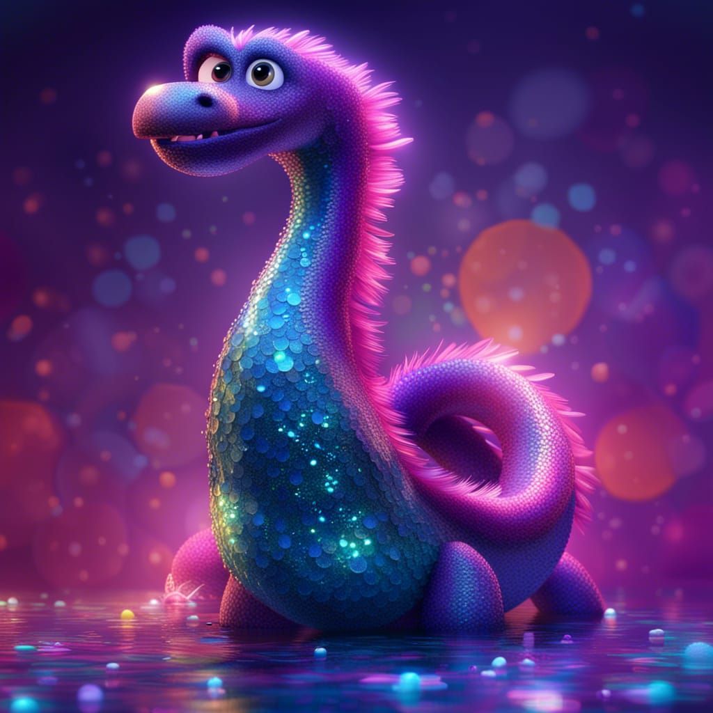 Loch Ness Monster in Sequined Dress: Pixar-Style 3D Art