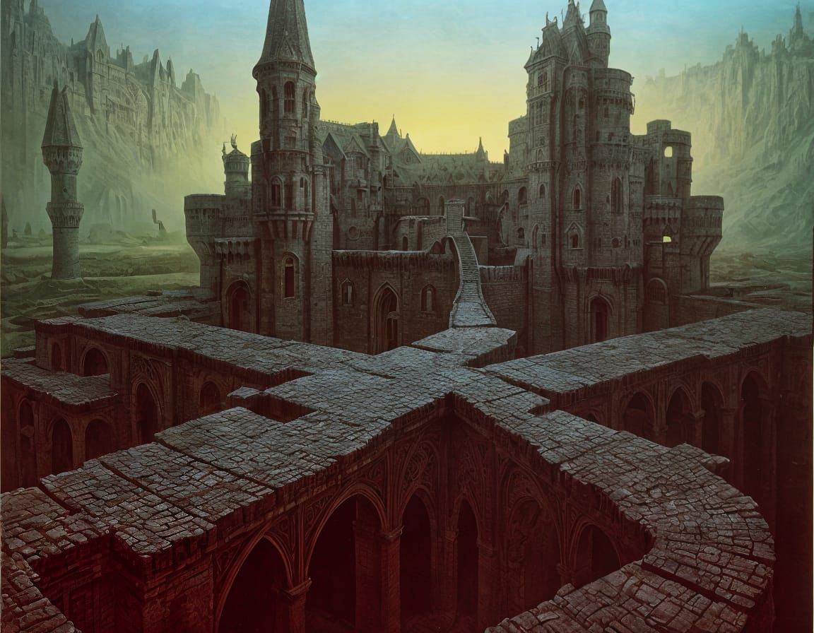 Surreal Castle with Drawbridges: Dreamlike Painting