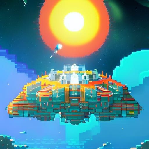 Starship Orbiting Ocean Planet in Cassette Futurism Style