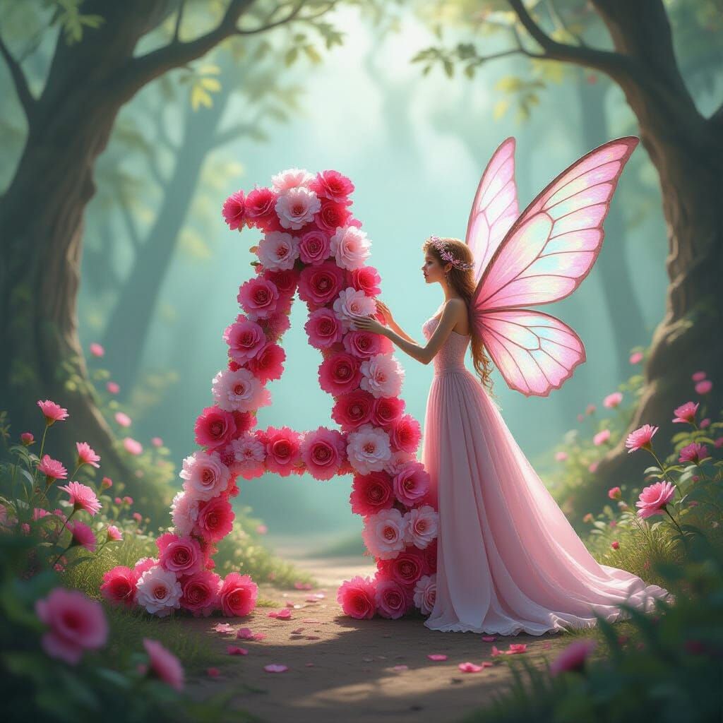 Pink Fairy Beside Carnation Letter A in Enchanting Forest