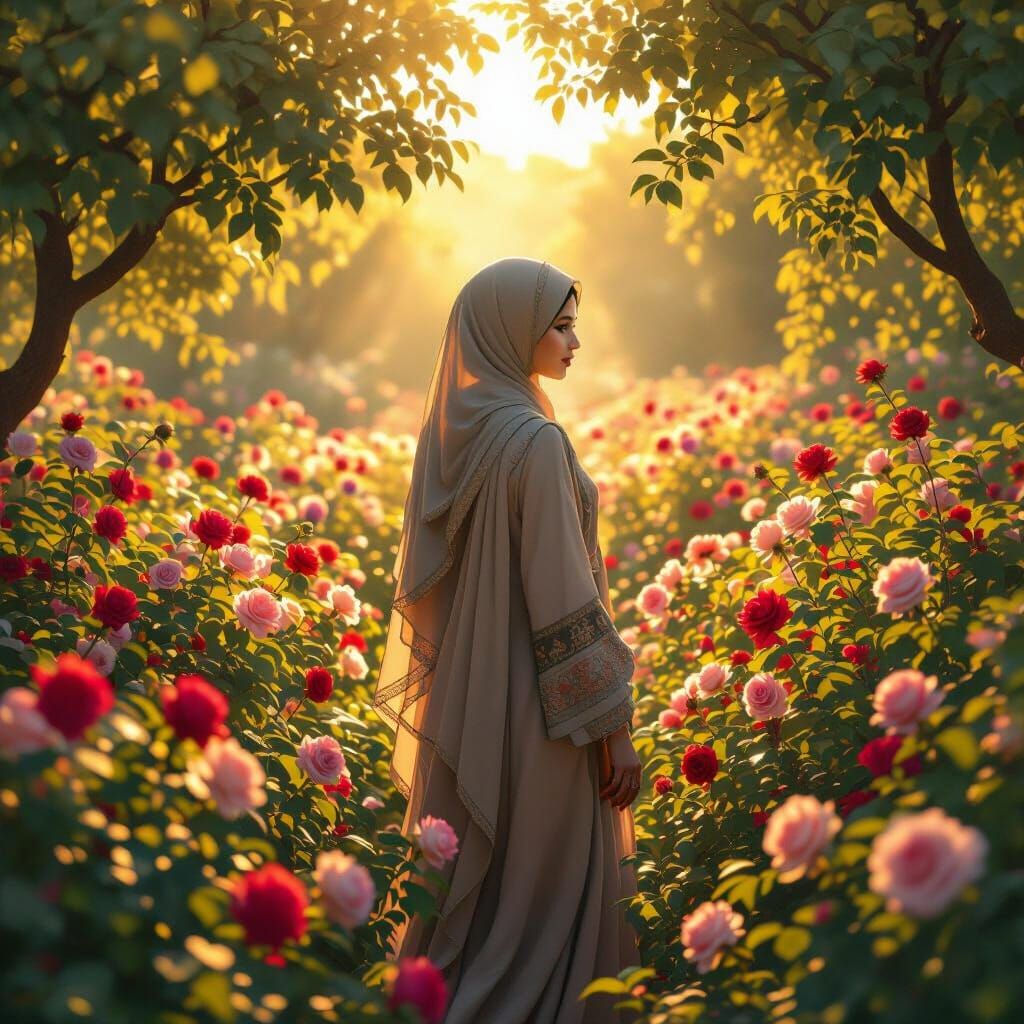 Muslim Woman in Rose Garden with Golden Sunlight
