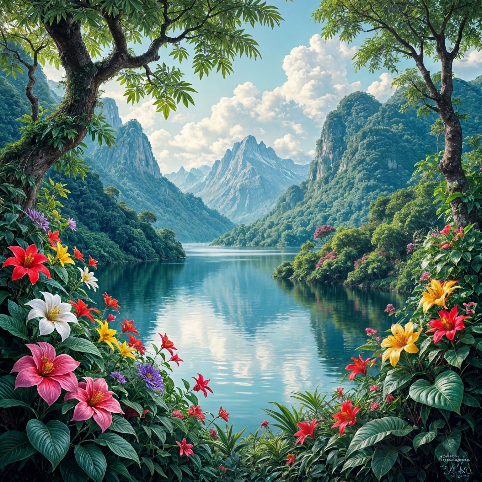 Vibrant Fantasy Jungle With Extraordinary Waterfall