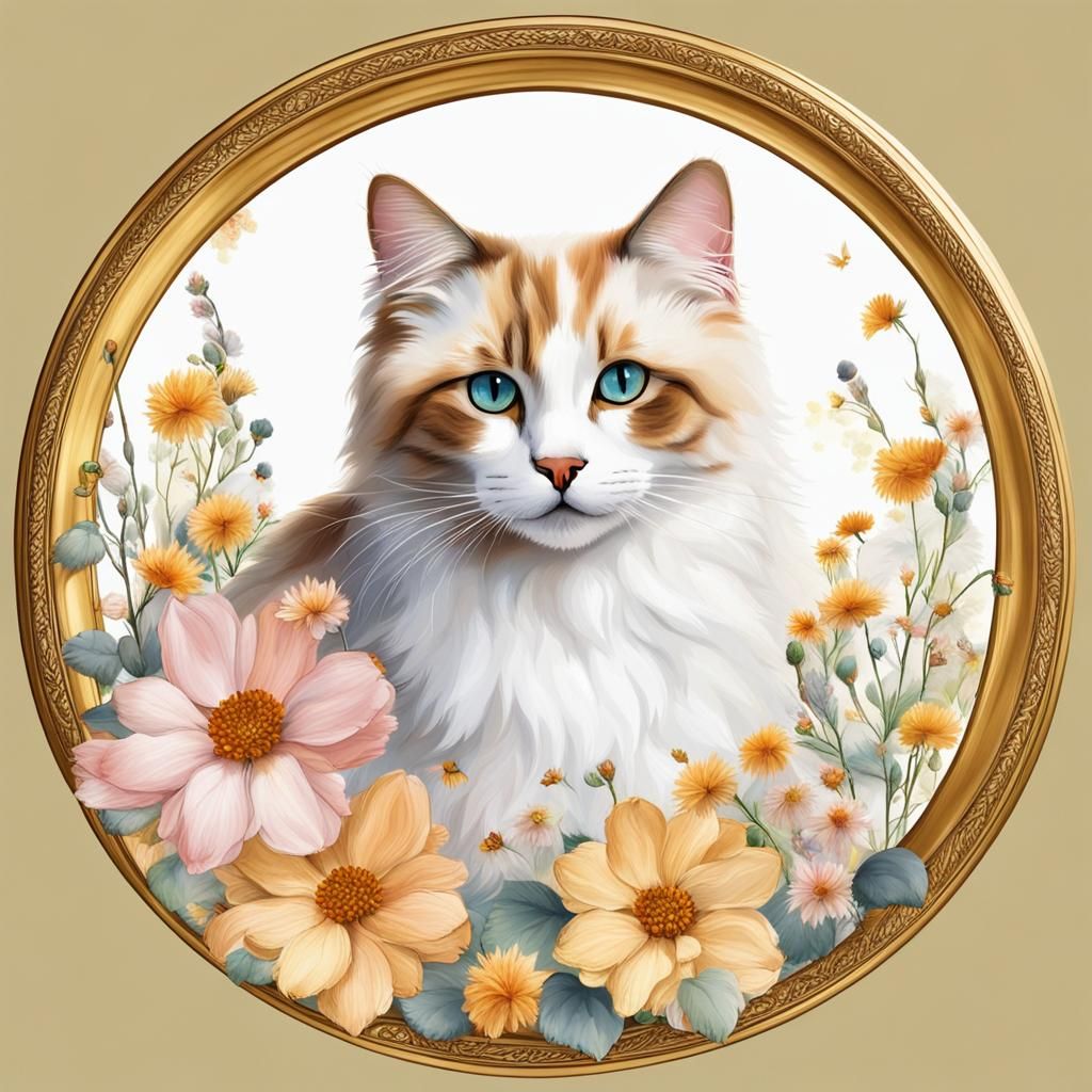 Turkish Van Cat with Floral Gold Frame