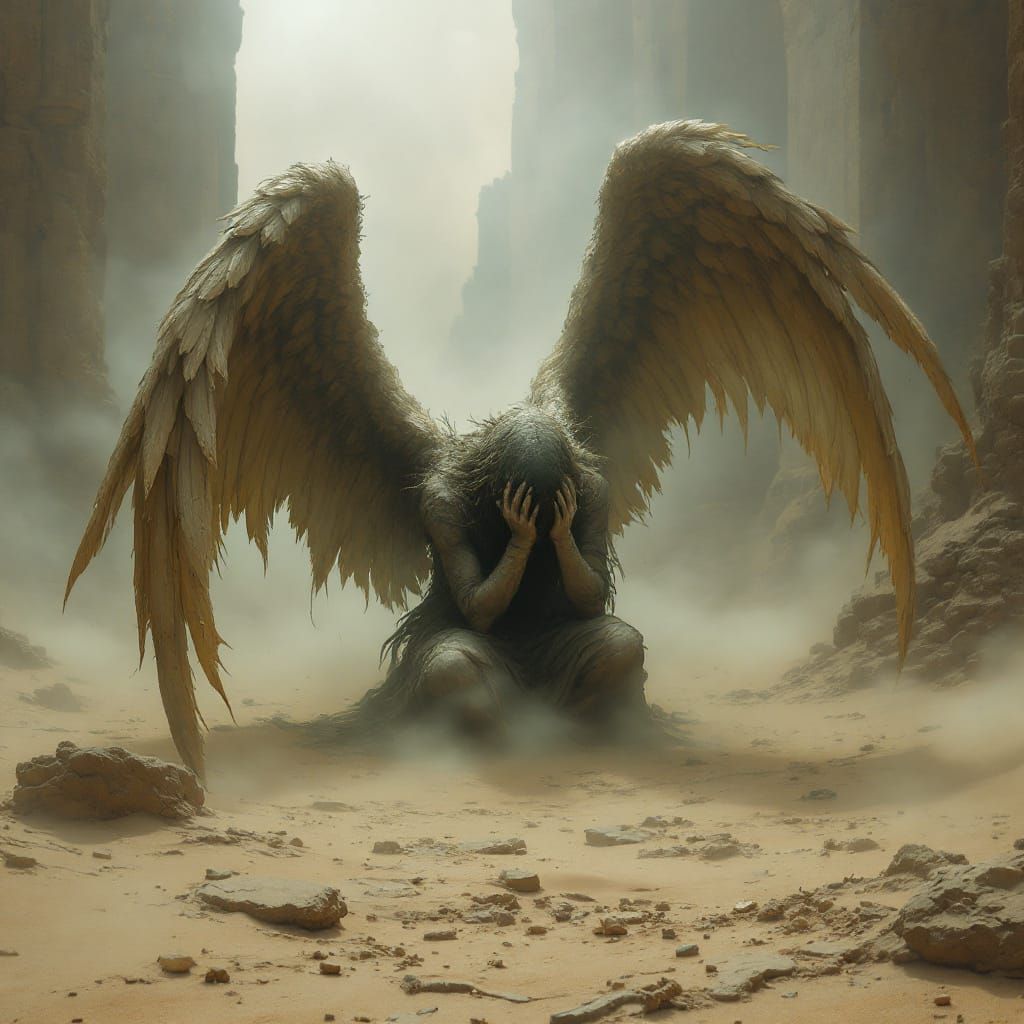 Fallen Angel in Ancient Ruins After Apocalypse