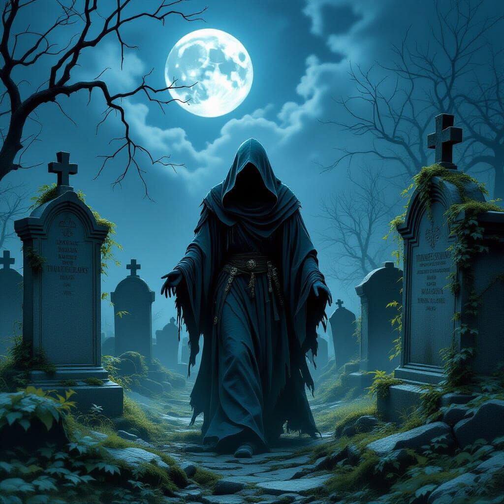 Ethereal Spectral Figure Drifting Through Forgotten Graveyar...