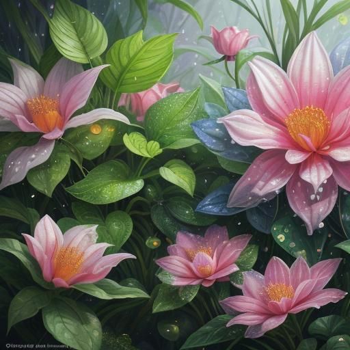 Lush Botanical Illustration in Dreamlike Setting