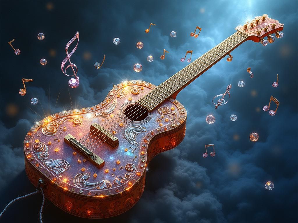 Ornate Guitar Surrounded by Crystalline Music Notes