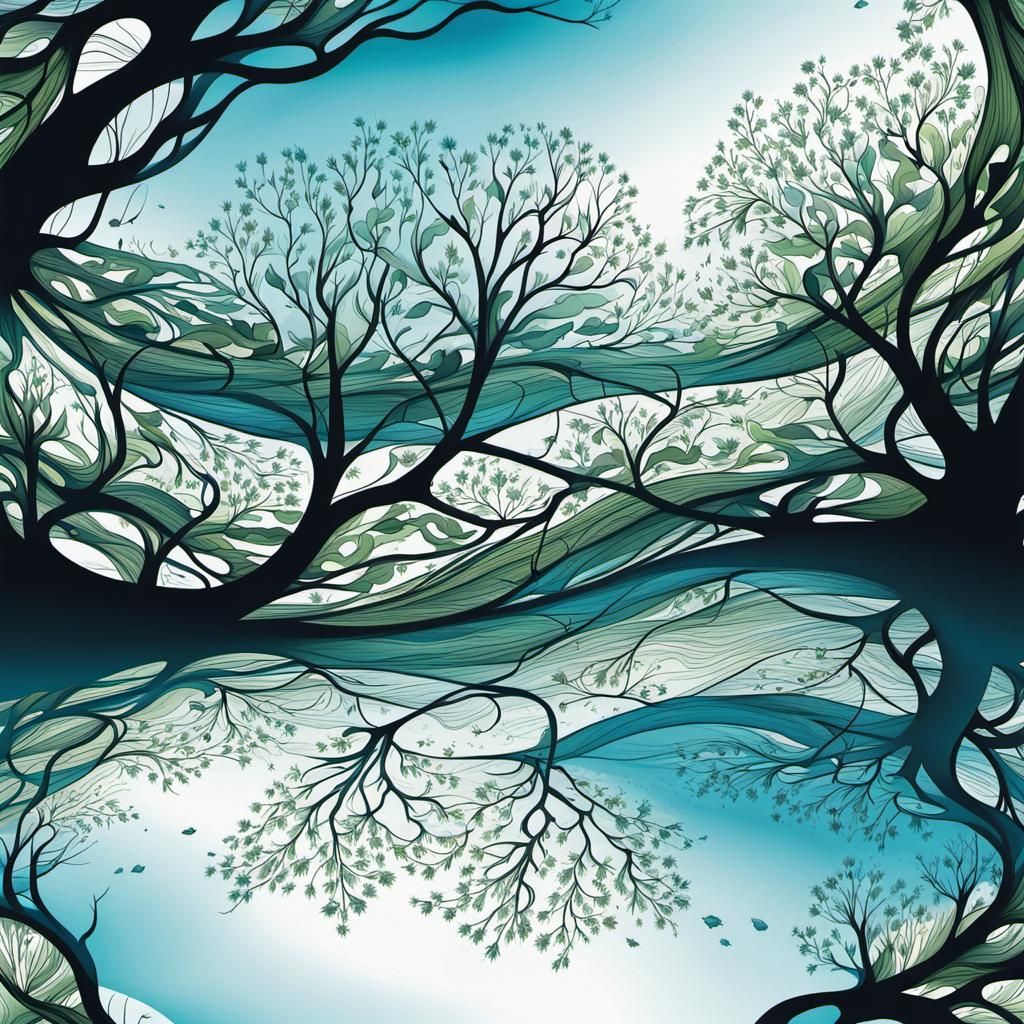 Spring Emerges: Art Nouveau Ink Landscape