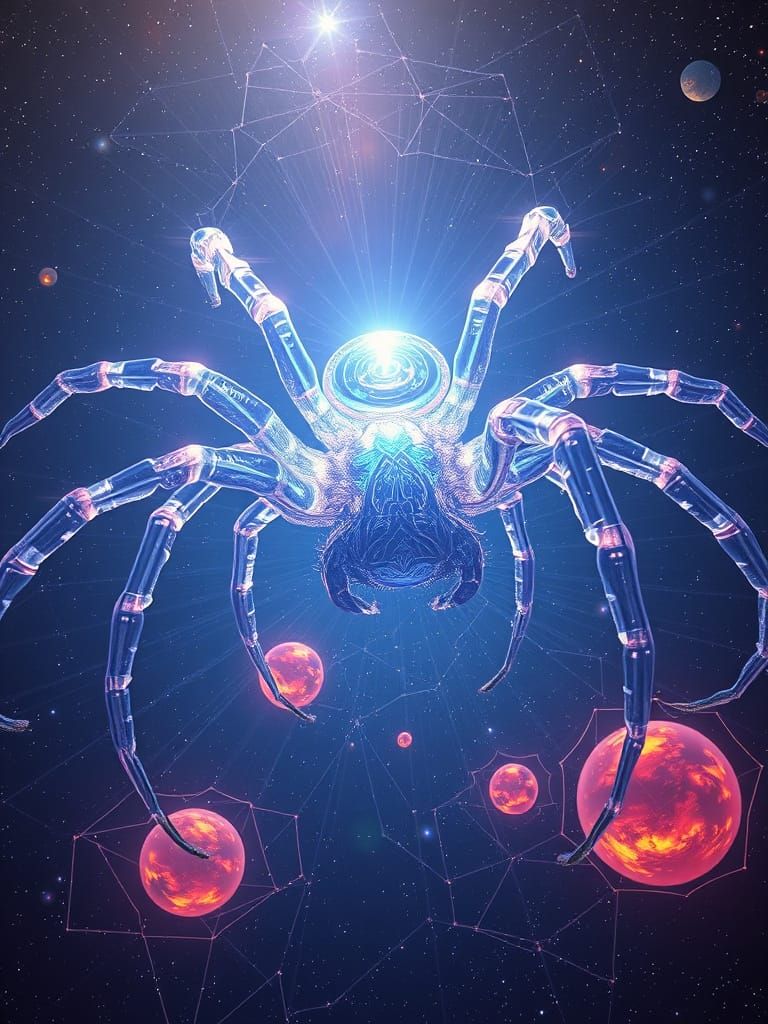 Surreal Cosmic Spider Illuminates Starry Expanse in Cyberpun...