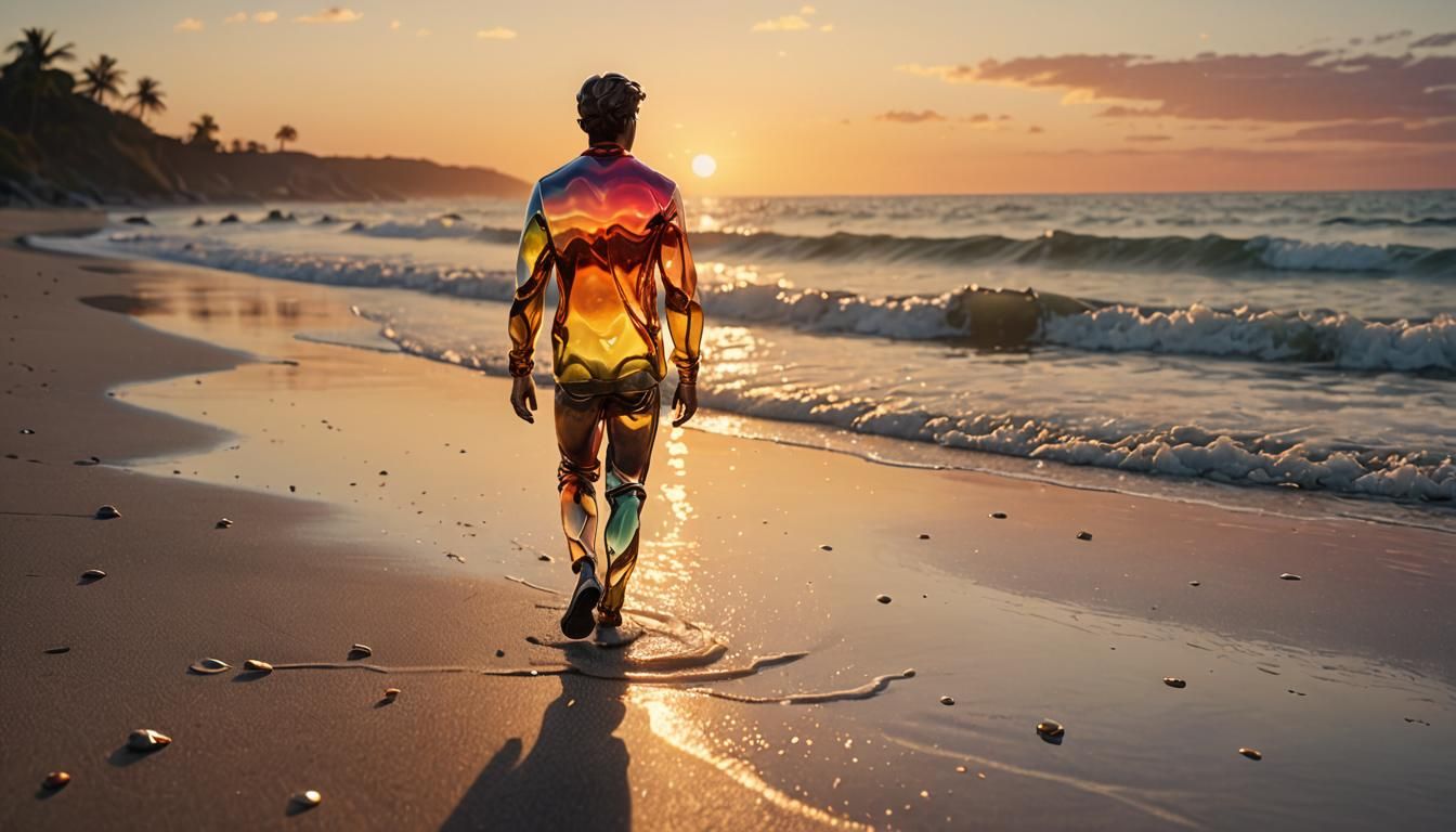 Blown Glass Figure on Beach at Sunset