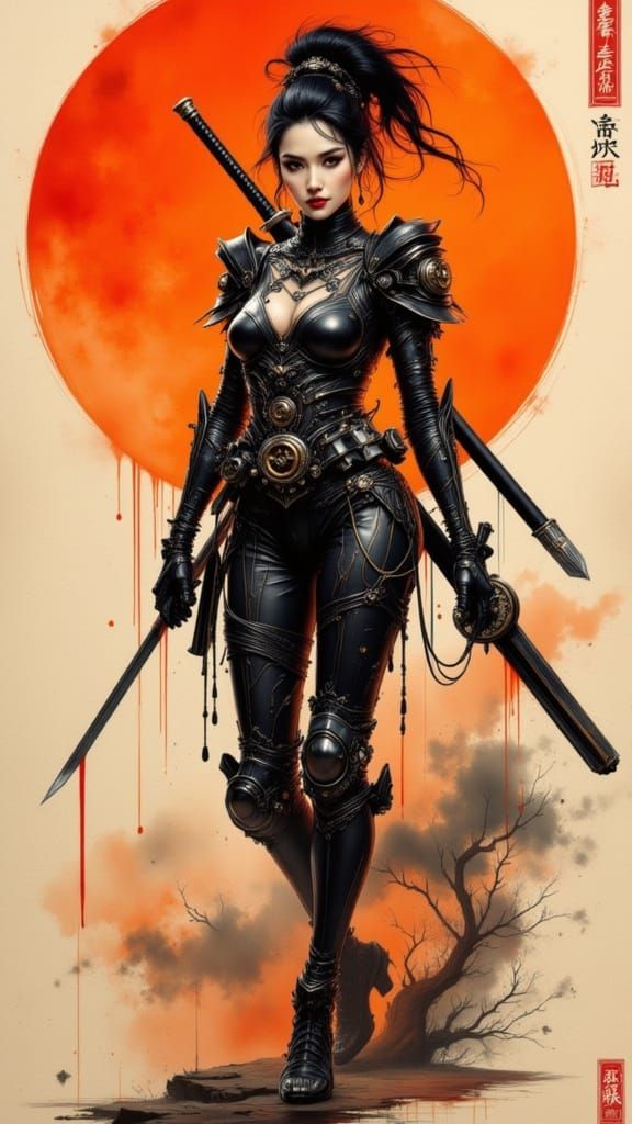 Steampunk Warrior Woman with Katana in Fiery Sun