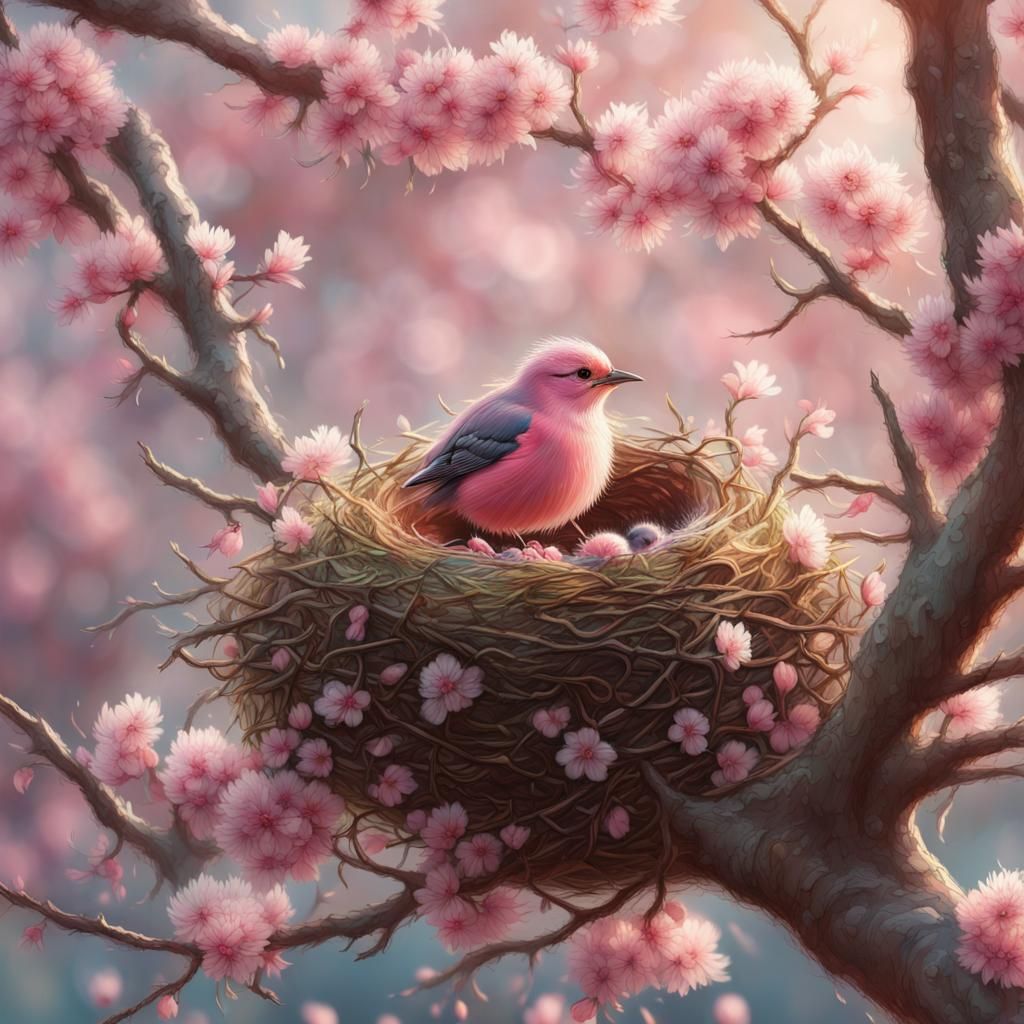 Bird Nest with Pink Chicks in Blossom Tree