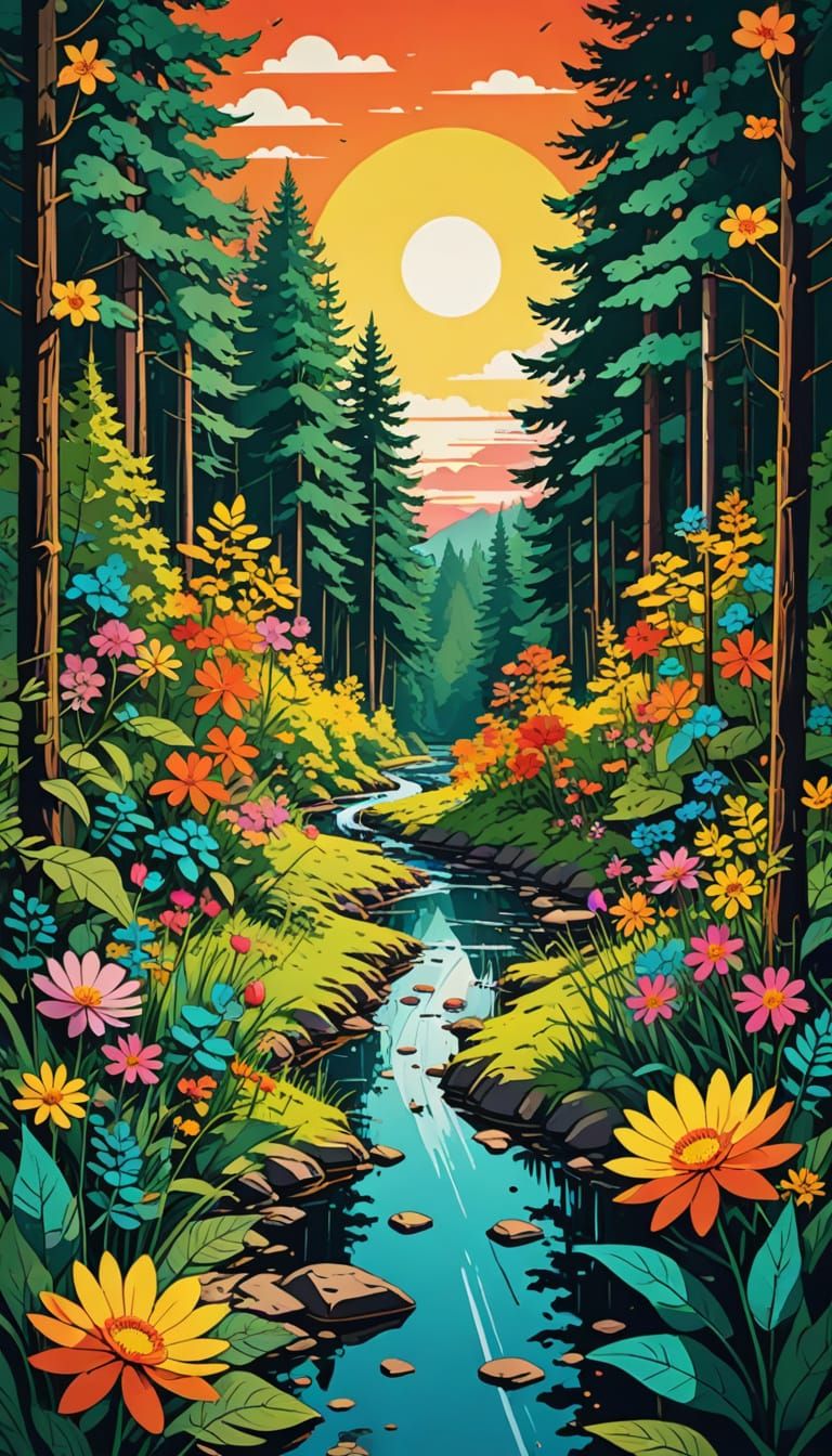 Forest Path with Stream at Sunset, Pop Art Style