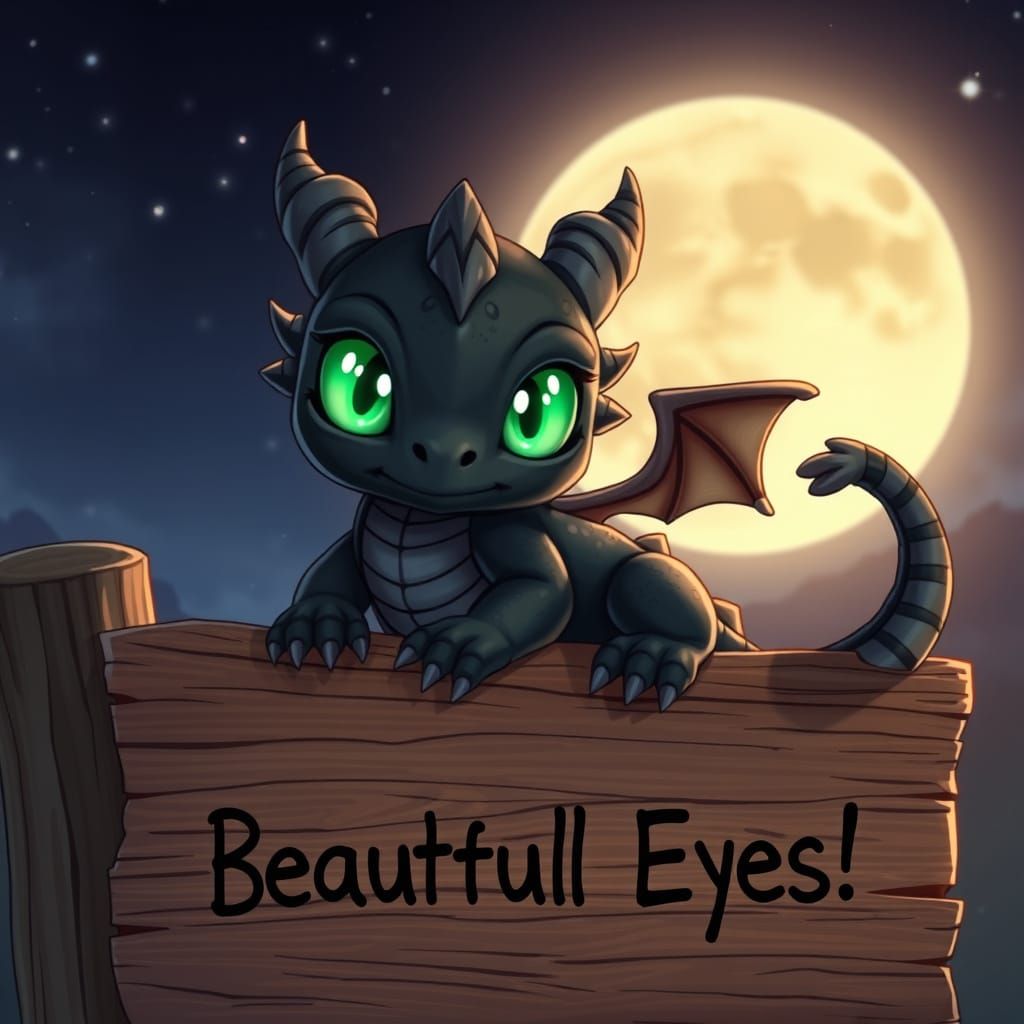 Chubby Obsidian Dragon Shines in Moonlit Night