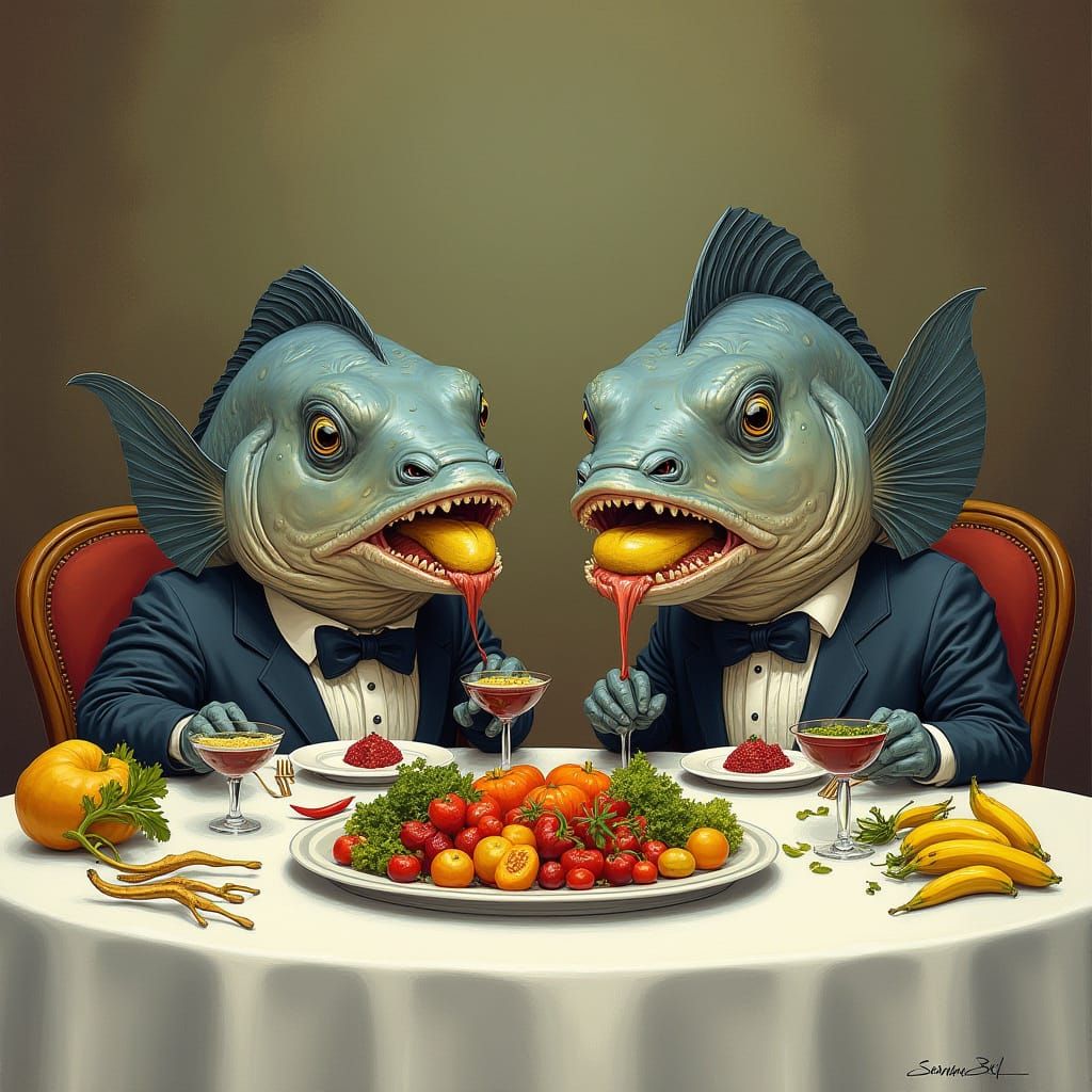 Piranhas Hold a Vegetable Banquet, Whimsical Illustration