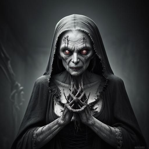 Hyperrealistic Ghoul Hag Crone in Tattered Robes