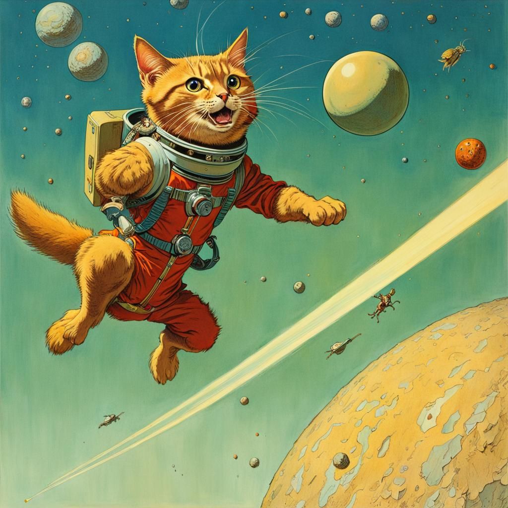 Space Cat Hunting Comet Bug, Rockwell & Moebius Style