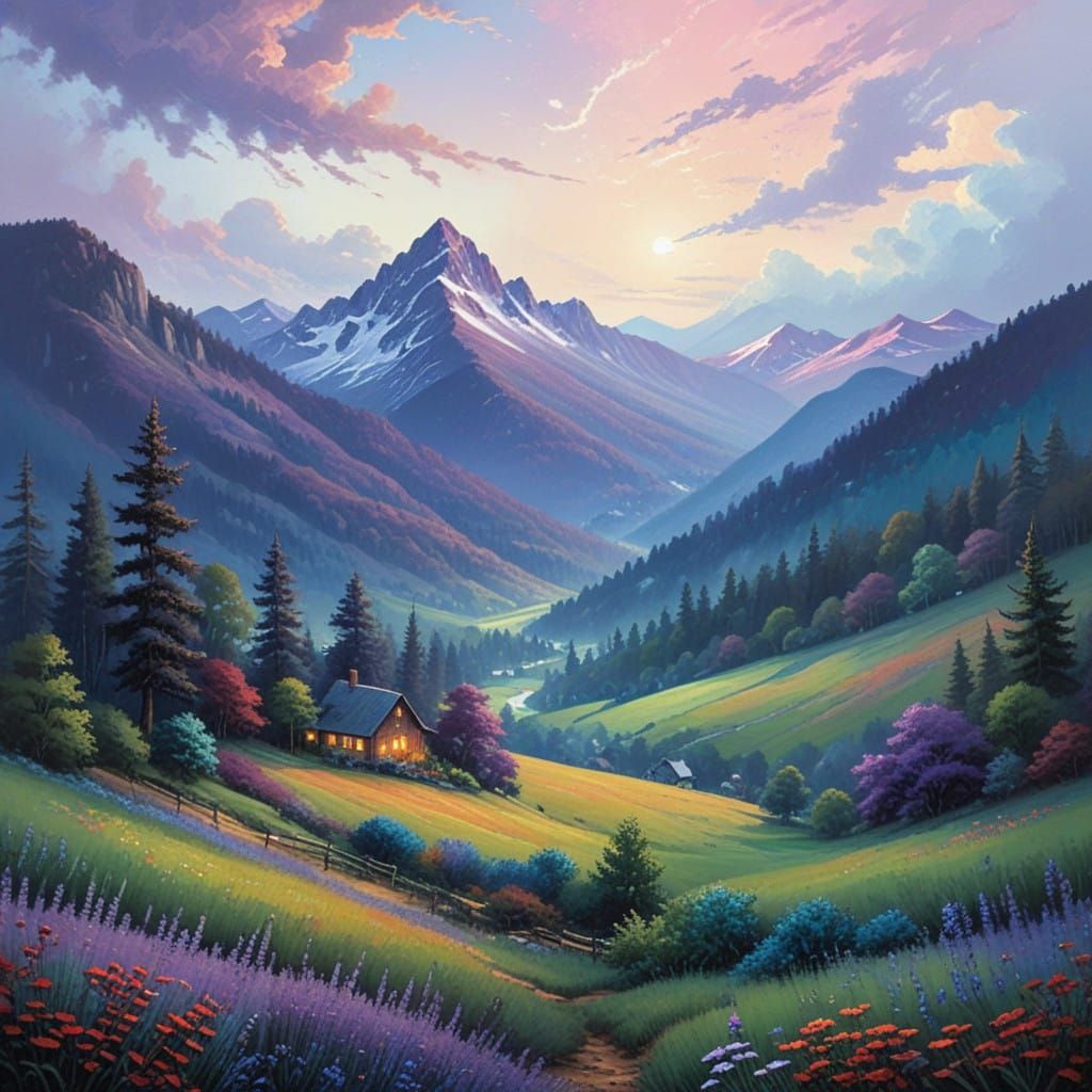 Epic Gouache Masterpiece of Majestic Valley Landsape with Ro...