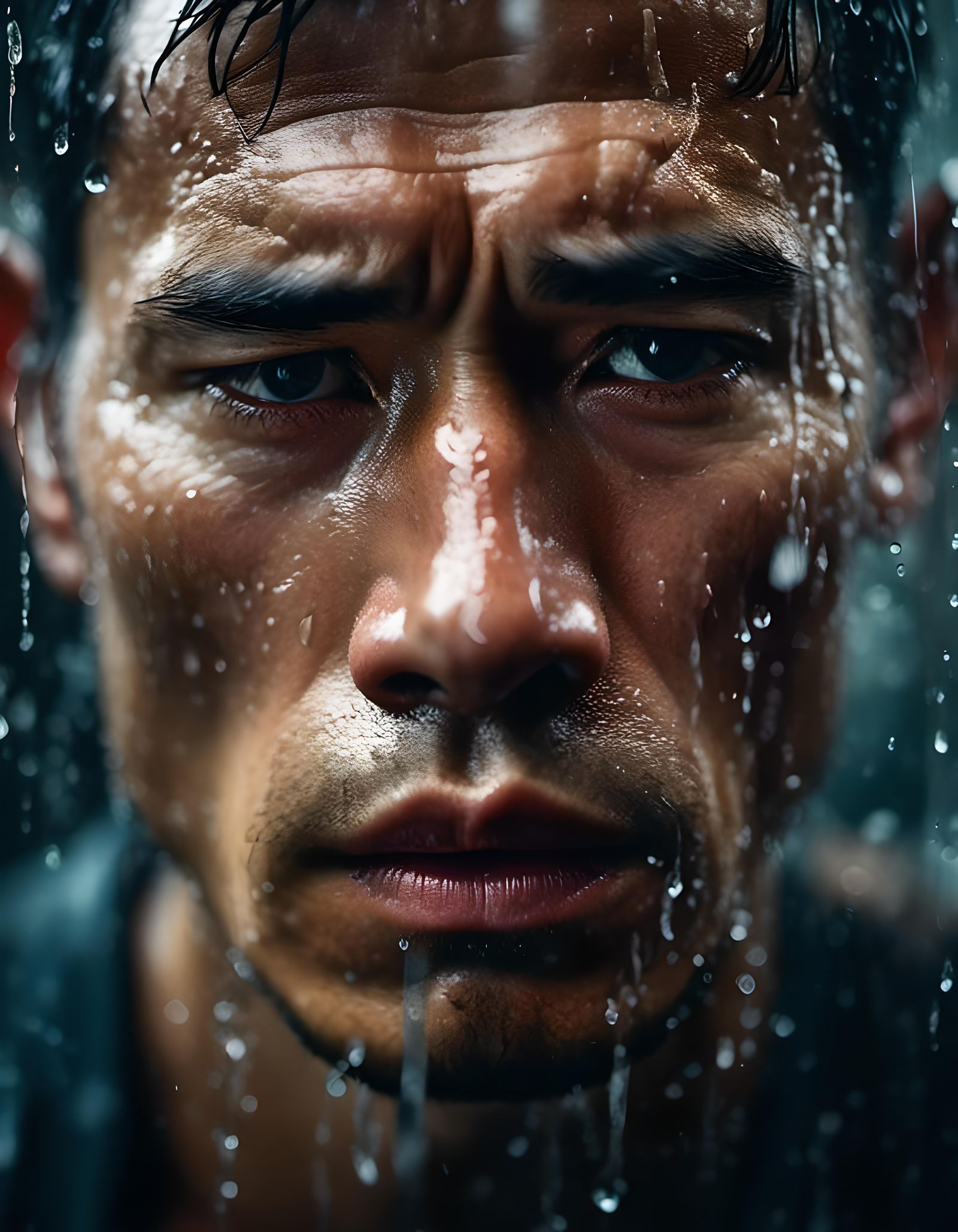 Crying Man Portrait Through Wet Glass: Realistic Macro