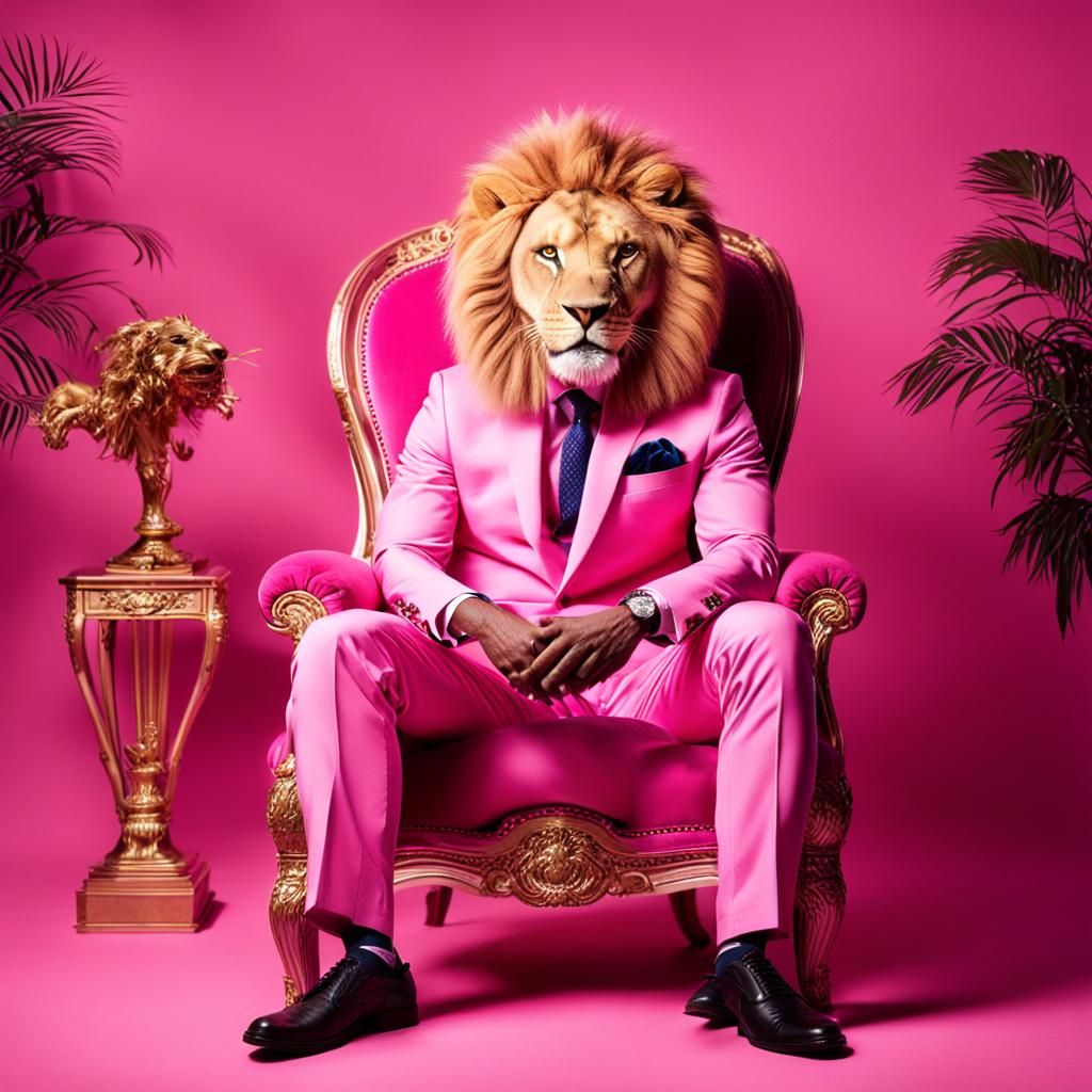 Lion-Costumed Man in Pink Chair, Surreal Portrait