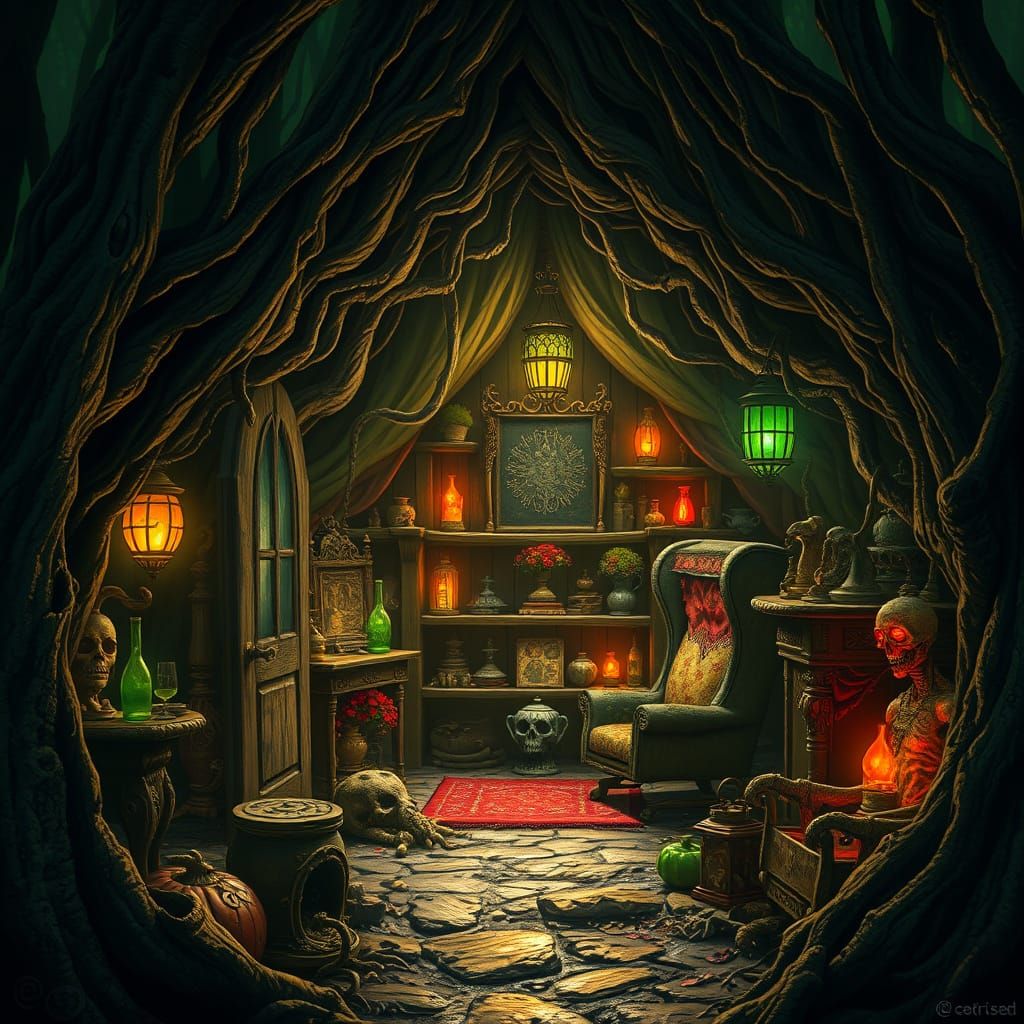 Mystical Bogwitch's Lair Illuminated by Ethereal Light