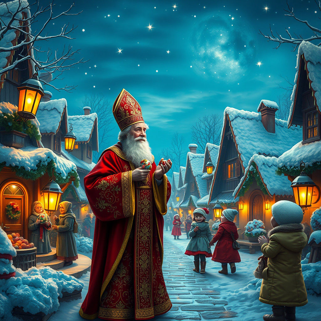 St Nicholas Distributes Sweets in Winter Village