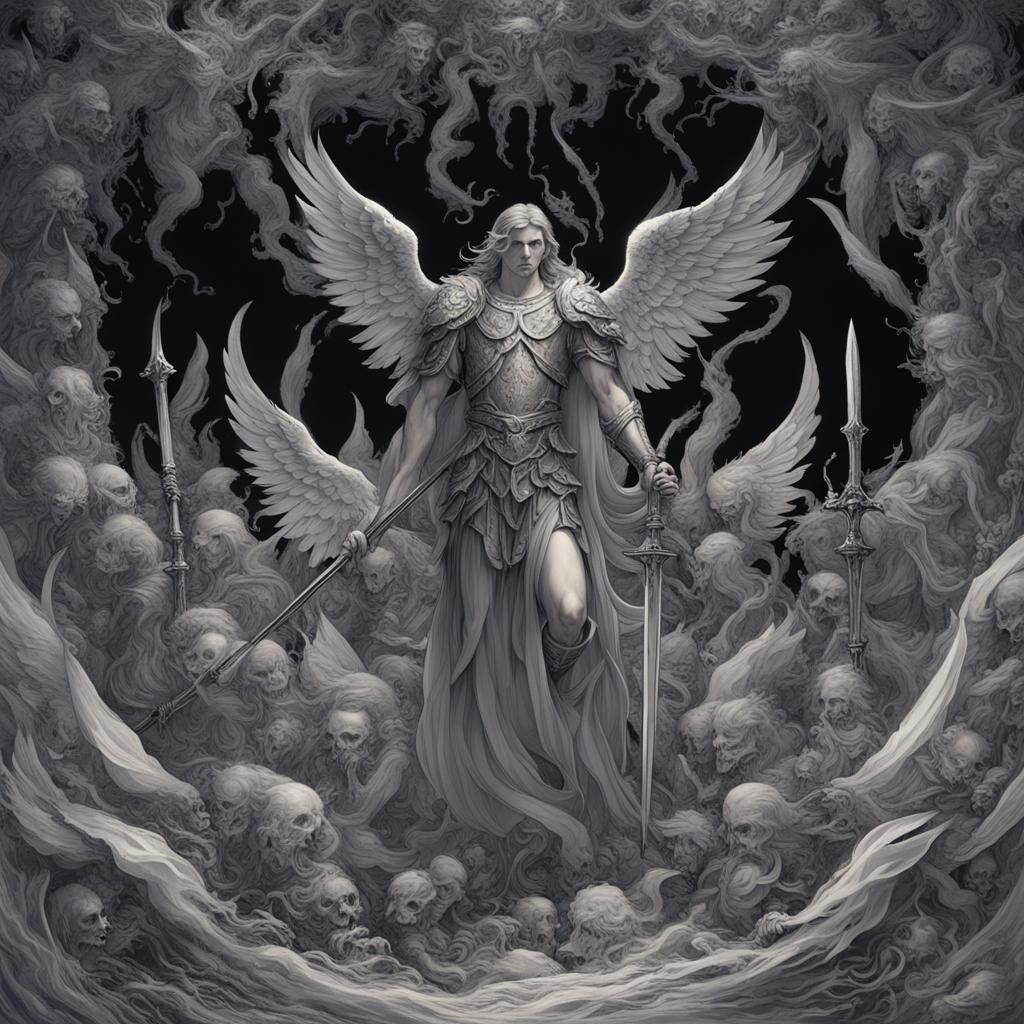 Archangel Michael Battles Devil in Doré Style