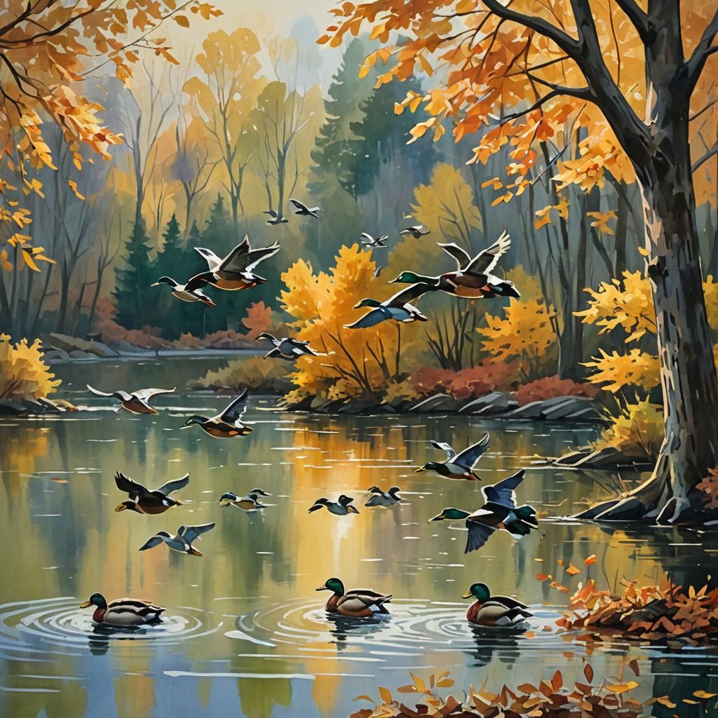 Mallard Ducks Over Lake: Gouache Impressionist Painting