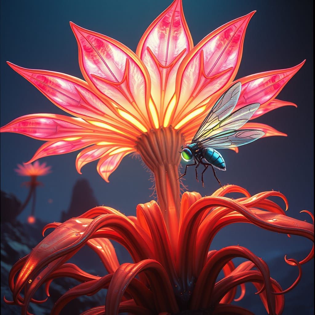 Surreal Cyberfly Battle in Glowing Bioluminescent Plant Land...