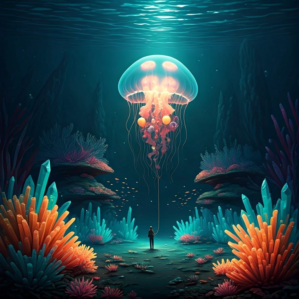 Bioluminescent Jellyfish in Surreal Underwater Landscape