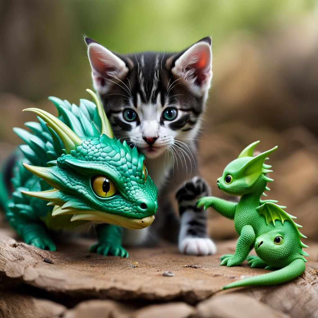 Kitten and Baby Dragon Play Together
