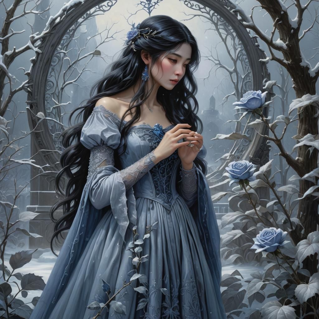 Girl Touches Frozen Rose in Winter Garden