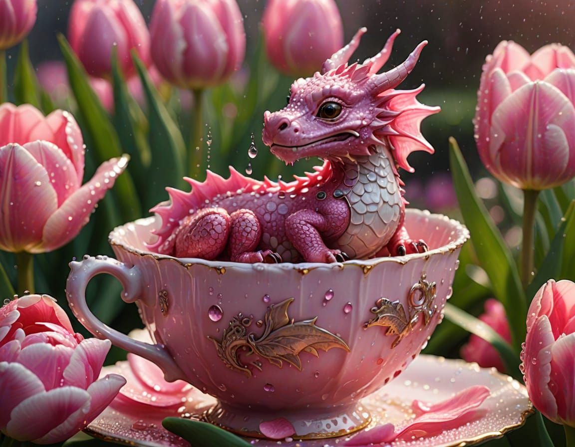 Tiny Dragon Sleeps in Pink Tulip After Rain