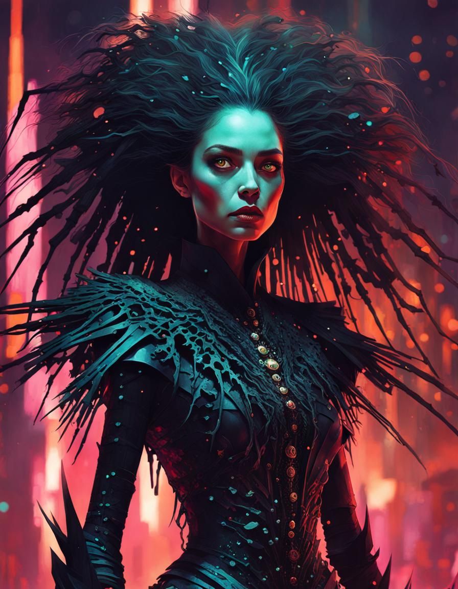 Surreal Cyberpunk Witch Commands Skeletons