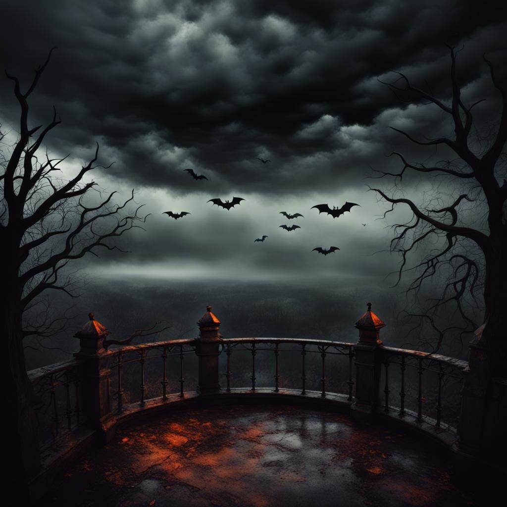 Dark Gothic Halloween Scene with Bats and Spiderwebs