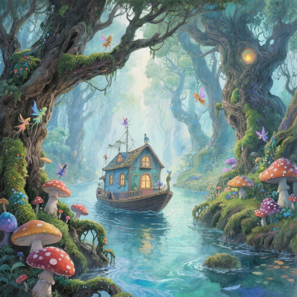 Enchanted Houseboat Journey through Fairy Forest