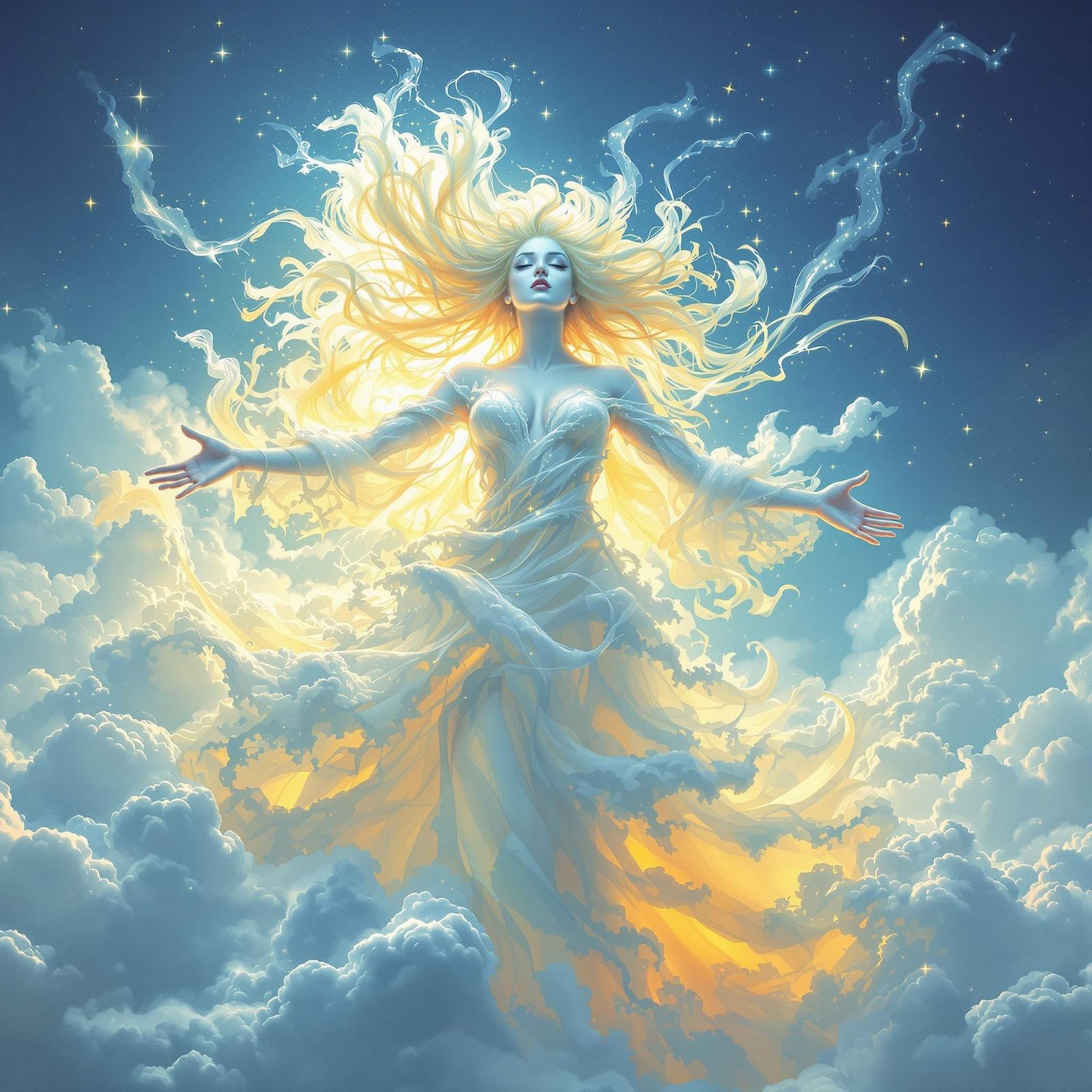 A beautiful witch made of clouds, her form illuminated by the sun behind her. Her hair is a swirling tempest of vapor, a...