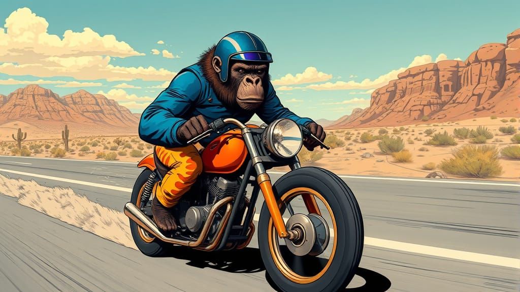 Gorilla on Motorcycle riding through the Arizona Desert