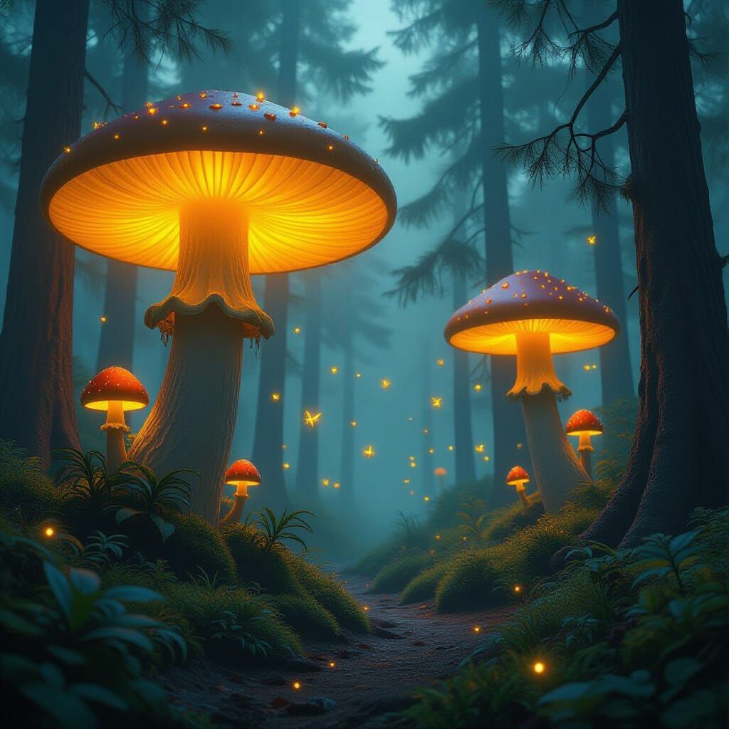 Enchanted Forest with Luminous Mushrooms in Magical Realism